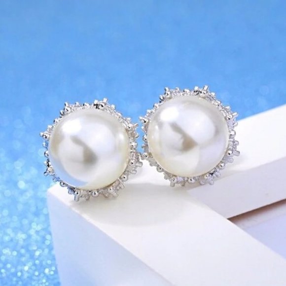 *NEW 925 Sterling Silver Diamond Pearl Earrings - Picture 8 of 11